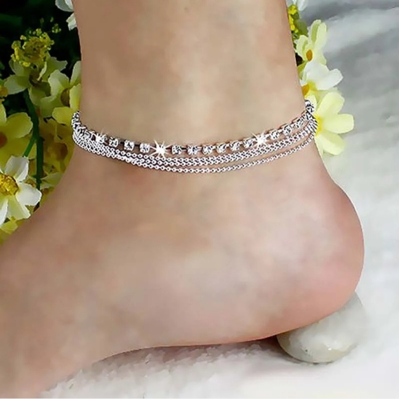 Silver Beaded Chain Rhinestone Tennis Tiers Tiered Layered Ankle Bracelet Anklet - Picture 14 of 16